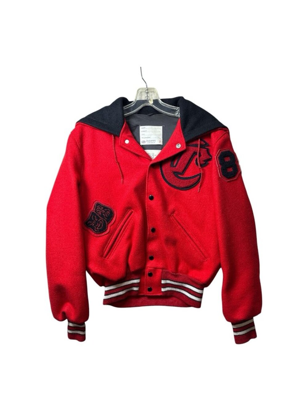 Vintage 80s Wool Varsity Jacket Womens S/M Split Hood Patches Panther Theatre
